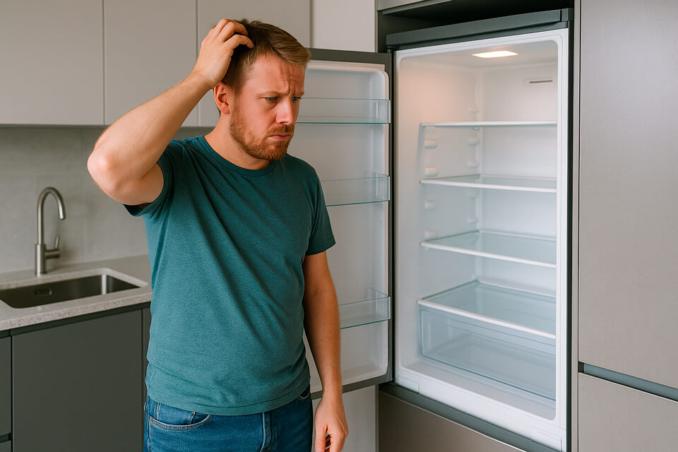 Mies ihmettelee tyhjää jääkaappia ja miettii arjen menojen rahoittamista.